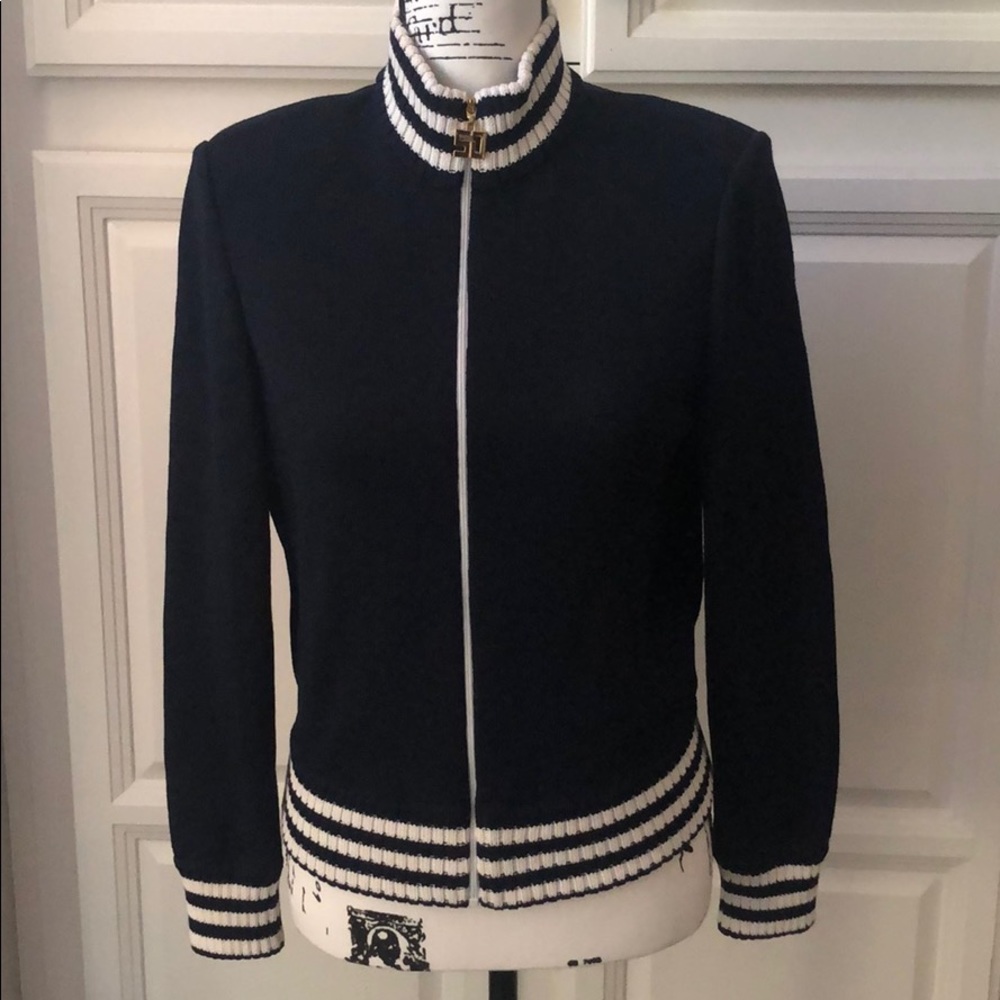 ST. JOHN Knitted Navy Blue Zip Up Sweater